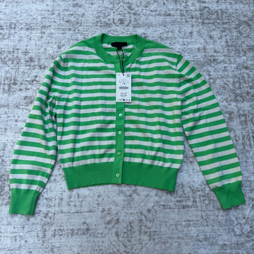 Zara Green Striped Knit Cardigan Button Up Crewneck Sweater Fall Large NEW